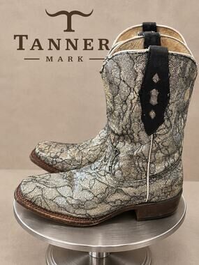 Tanner Mark Kids Youth 4 Metallic Lace Western Cowboy Boots Silver Black